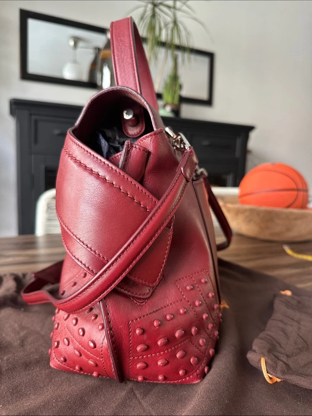 Tod's Deep Red Leather Satchel with Studded Trim